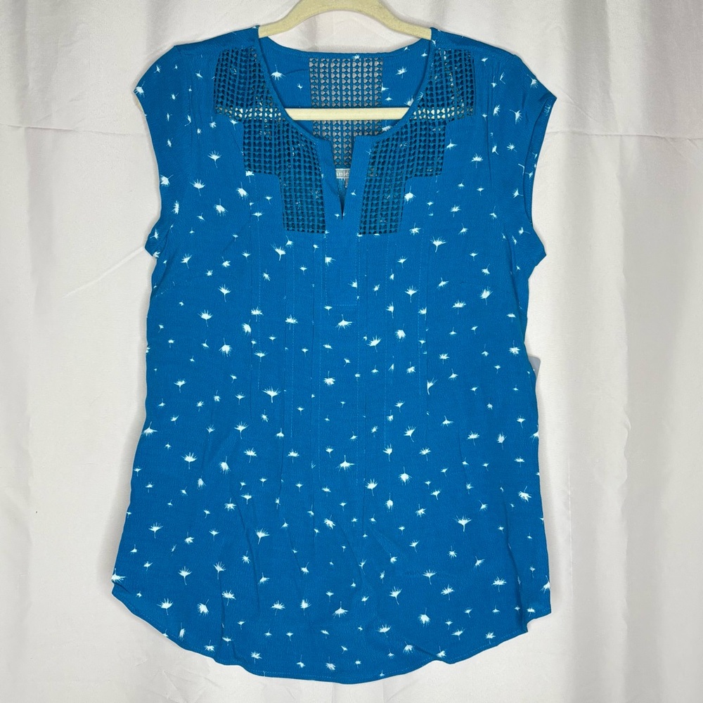 Daniel Rainn Cap Sleeve Dandelion Print Crochet Blouse